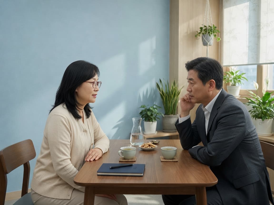 상담실에서 선생님과 학부모가 마주 앉아 상담하고 있다