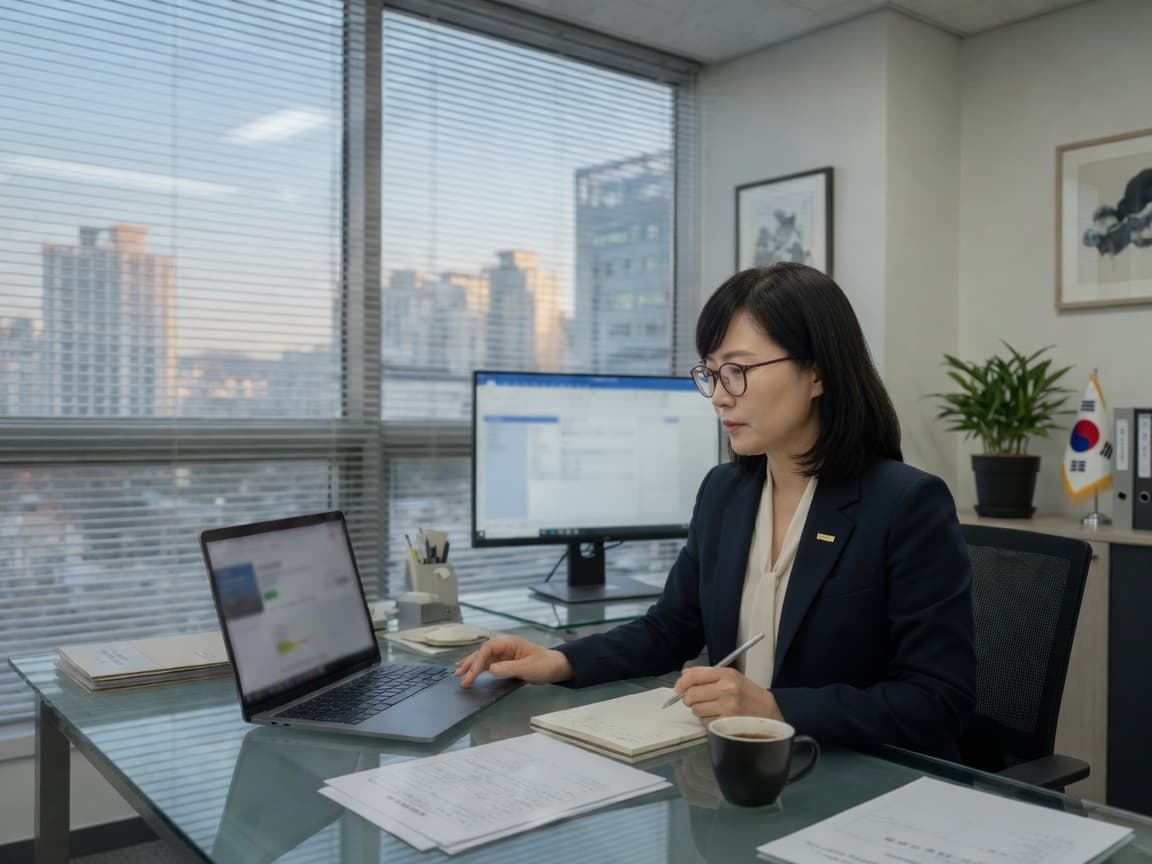 원장이 사무실에서 학원관리 프로그램으로 운영 현황을 확인하고 있다